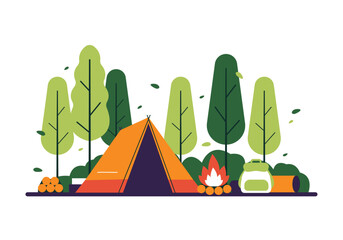 Camping landscape in the forest. Tent, burning fire, pile of firewood, backpack and other things. Vector graphics.