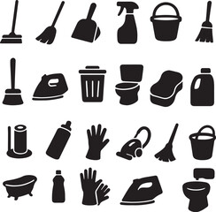 Obraz premium cleaning tools, cleaning icons, mop silhouette, broom vector, bucket icon, spray bottle, cleaning items, housekeeping, janitor tools, cleaning equipment, vacuum icon, hygiene, sanitary tools, black ic