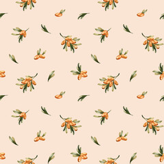 Sea buckthorn branches with orange berries. Watercolor autumn floral seamless pattern on peach pink beige background