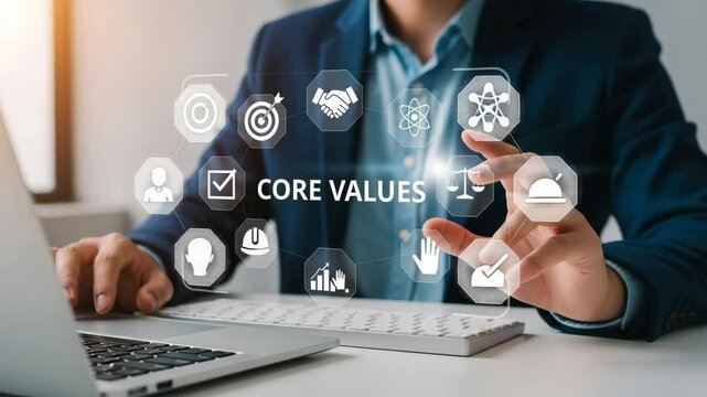 A man in a suit working on a laptop with core values icons displayed on a transparent interface screen