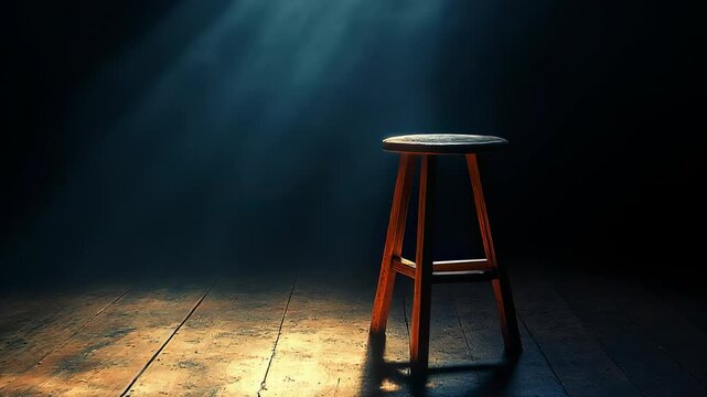 Simple wooden stool bathed in ethereal light evokes solitude, performance, and a quiet moment of reflection on aged wood