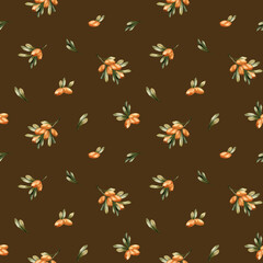 Sea buckthorn with orange berries. Watercolor hand painted autumn fall floral seamless pattern on dark brown background