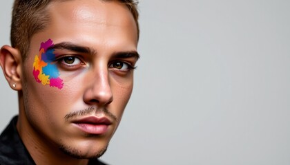 create a portrait of a stylish man with a colored painting on the left side of his face, the subject should be positioned on the left side of the image