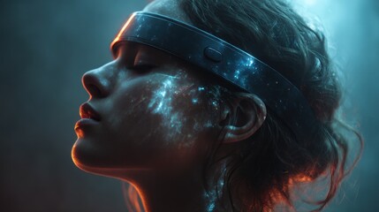 Woman Wearing Futuristic Headband Experiencing Augmented Reality, Immersive Technology, Digital Interface, Glowing Projections, and Virtual Reality in Dark, Moody Lighting.
