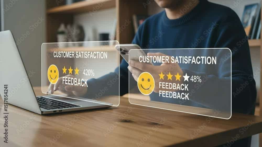 Poster Person using laptop and phone with customer satisfaction feedback interface on the screen overlayed on top