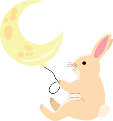 bunny holding a balloon shaped like the moon