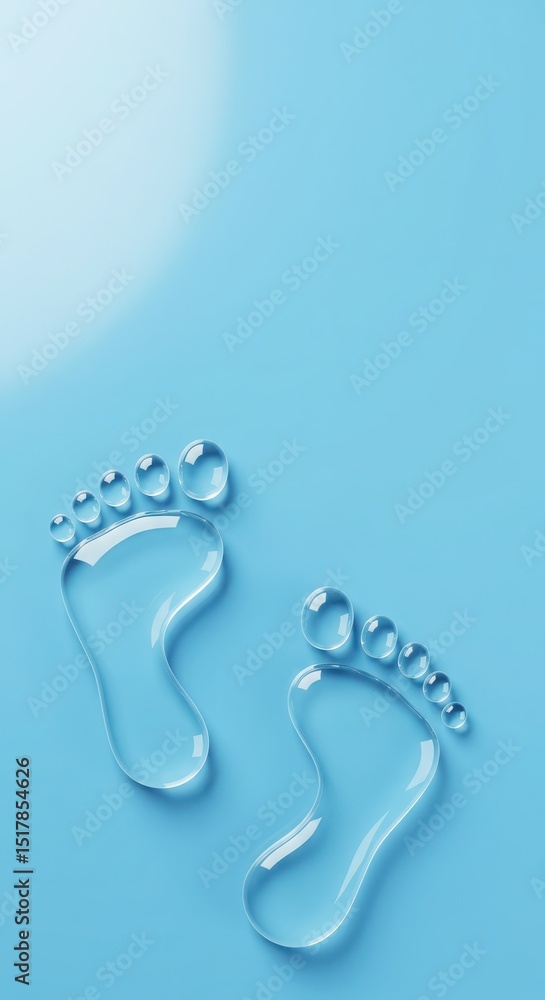 Poster transparent water droplets shaped like footprints on a smooth blue background, creating a refreshing