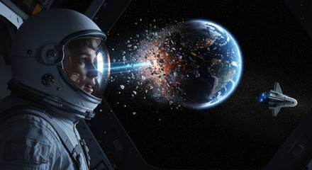 Astronaut Witnessing Planet Earth Destruction in Space Sci Fi Scene