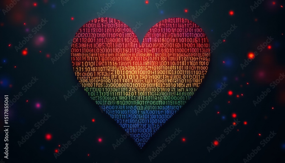 Poster digital heart illustration with binary code and rainbow color scheme on dark background