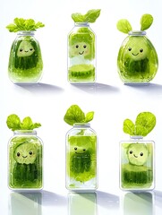 Whimsical Cucumber Illustrations in Glass Bottles