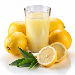 glass of fresh orange juice lemon isolated white background