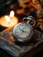 Antique silver pocket watch resting on an old book with candlelight.