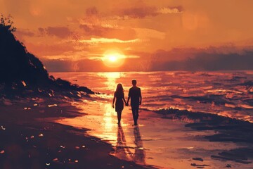 Fototapeta premium Couple walks along beach at sunset with romantic orange and purple sky.