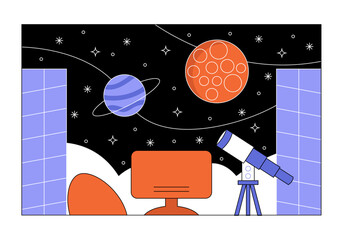 View through the window of a spaceship. Inside a table with computer and telescope, outside space with planets and stars. Vector graphics.