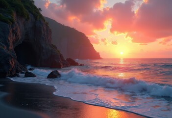 serene sunset over rocky coastal cliffs tranquil waters vibrant sky natural beauty coastal landscape, input, peaceful, nature, shore, evening, waves, light