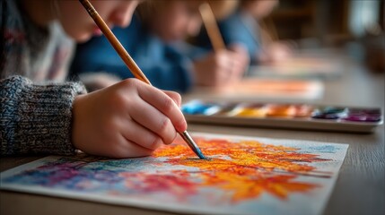 Close-up of Children Painting Fall Leaves with Watercolors in Art Class, Creative Expression and Artistic Development, Educational Activities