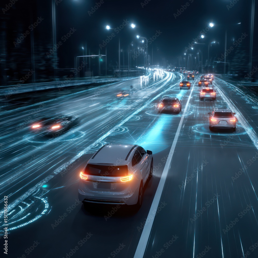 Poster autonomous vehicle maneuvers through a high-tech highway system, seamlessly navigating its path.
