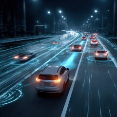 Fototapeta premium Autonomous vehicle maneuvers through a high-tech highway system, seamlessly navigating its path.