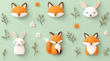 Whimsical Fox and Rabbit Motifs on Pastel Green Background
