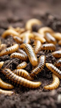 Wireworms crawling through moist, dark farmland soil, revealing root destroying larvae devastating agricultural crop systems underground