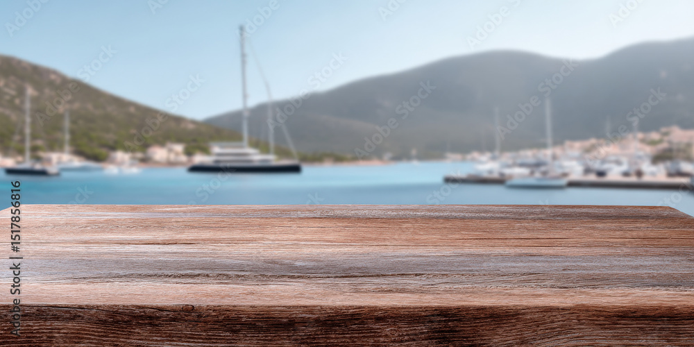 Poster a coastal wooden table foreground with a blurred view of mountains and boats in the background, crea