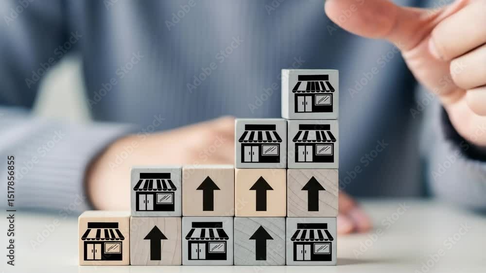 Poster hand placing a shop block on a pyramid of blocks with shop and arrow icons on a white surface