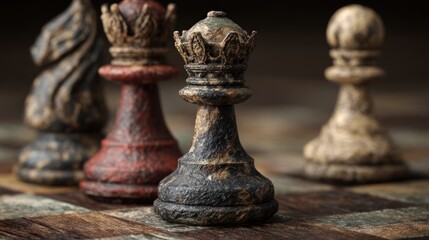 Fototapeta premium Artistic chess pieces on a wooden board in close-up view showcasing texture