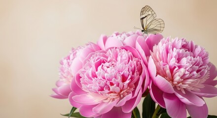 Beautiful pink peonies with delicate petals and lush green leaves, adorned by a graceful butterfly, creating a serene and vibrant floral arrangement in soft natural light