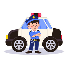 Light-skinned male policeman in work uniform stands at the police car. Vector graphic.