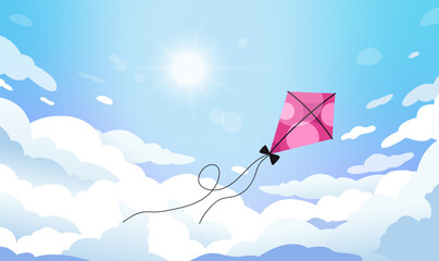 Very beautiful blue sky with clouds. In the sky flies a kite. Vector graphics.