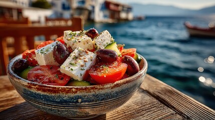 Fresh Greek Salad with Feta Cheese, Tomatoes, Olives, and Cucumber Served Outdoors Overlooking the Aegean Sea in Mykonos, Greece