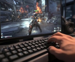 Gamer hand on keyboard playing action-packed game with dramatic visuals.