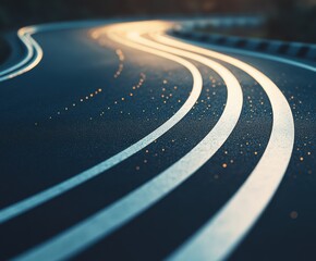 Abstract long exposure of light trails curving along a road at night.