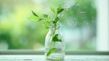 Fresh leaf with water droplets falling into a glass bottle, purity and renewal in nature