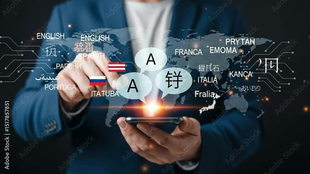 Poster person holding smartphone with world map and translation bubbles overlayed on the screen view