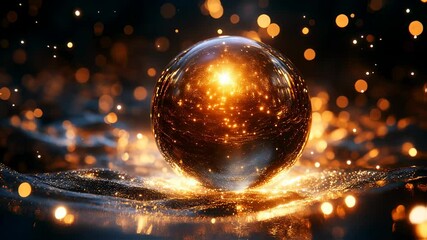 Radiant sphere of shimmering light nestled in ethereal waves, casting golden reflections in the abstract night, an alluring spectacle - Powered by Adobe