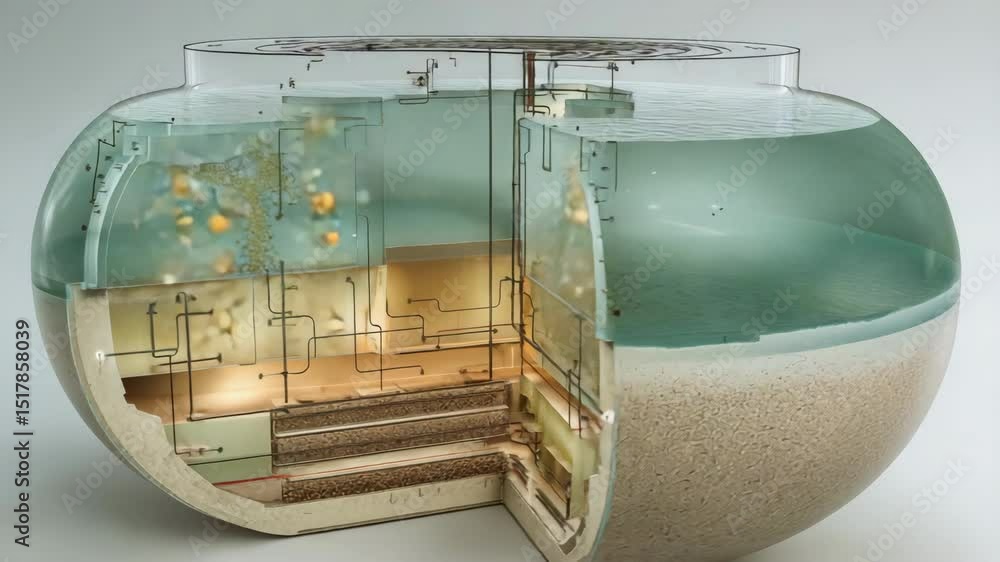 Poster complex water filtering system operating inside a transparent container, showcasing the purification