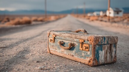 Abandoned Vintage Suitcase on a Desert Road: Travel, Lost Luggage, Nostalgia, and the Open Road Concept