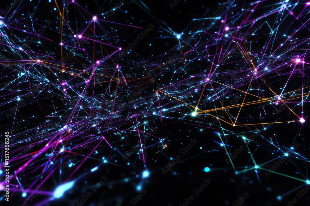 Poster neon circuits creating a complex digital network in space, showing advanced technological systems.