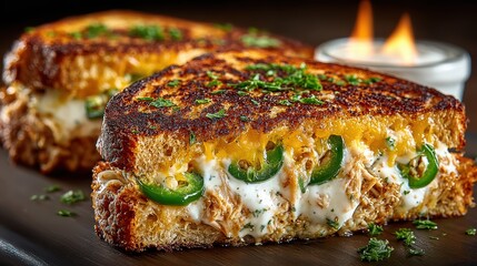 Delicious Pulled Chicken Grilled Cheese Sandwich with Jalapeños, Melted Cheddar, and Creamy Sauce on Toasted Bread, Culinary Food Photography