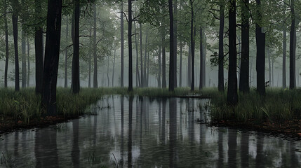 Obraz premium Pixel Art Misty Forest Swamp Landscape