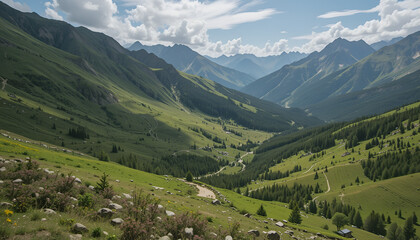 Fototapeta premium Scenic fall road trip through New England, winding road lined with colorful autumn trees, classic American convertible car, couple taking photos, golden hour light, cozy and nostalgic mood, high-resol