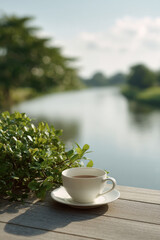 serene cup of coffee placed on wooden table by riverbank with gentle sunlight reflecting on water