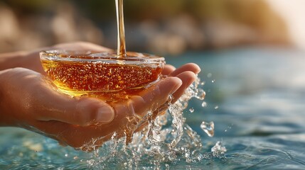 Hands Holding a Glass Bowl Filled with Golden Liquid and Splashing Water, Close-Up Shot with Bubbles and Blurred Background
