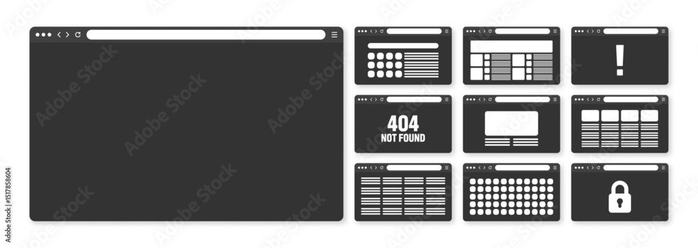 Fototapete Web browser window, pages layout with toolbar and search field. Modern website, internet page in flat style. Browser mockup for computer, tablet and smartphone. Adaptive UI. Vector illustration