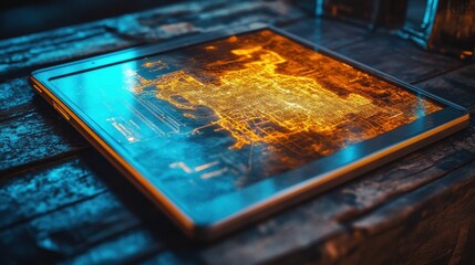 Close-up of digital tablet with glowing map interface on rustic wooden table.