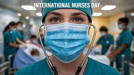 Close up of a nurse wearing a mask and stethoscope in a hospital setting view