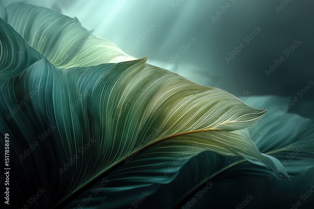 Poster close-up of an abstract, textured leaf pattern with striking lines and soft teal and green hues, cre