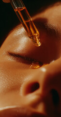 a person applying face oil with an eyedropper to the temple area on their forehead, creating droplets that roll down and into one eye in slow motion