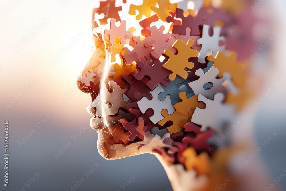 Poster abstract conceptual image of a human head made of puzzle pieces, representing the complexity of the 